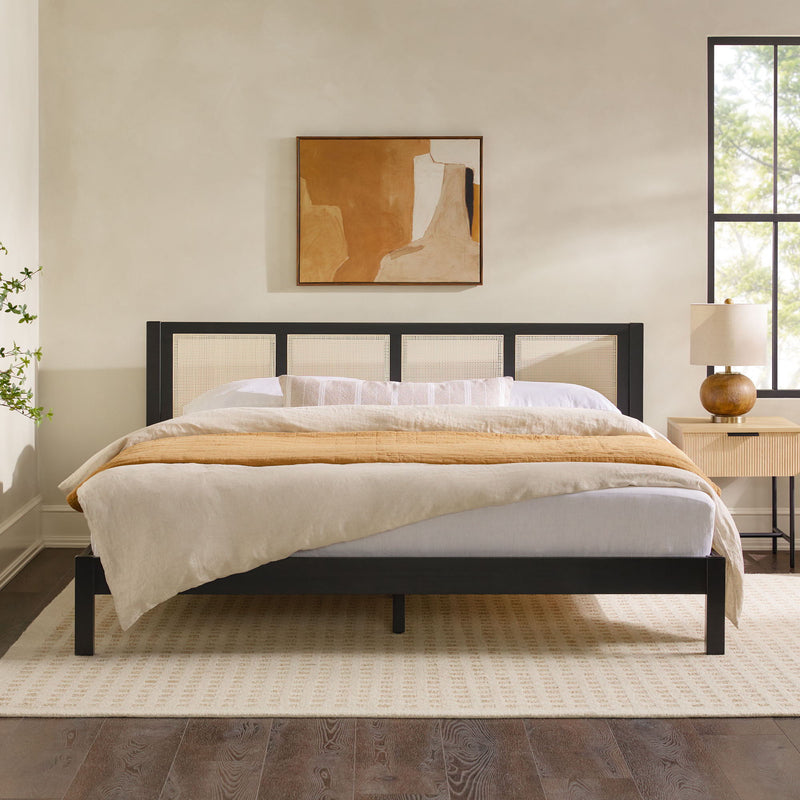 King Bed With Rattan Panel Headboard - Black