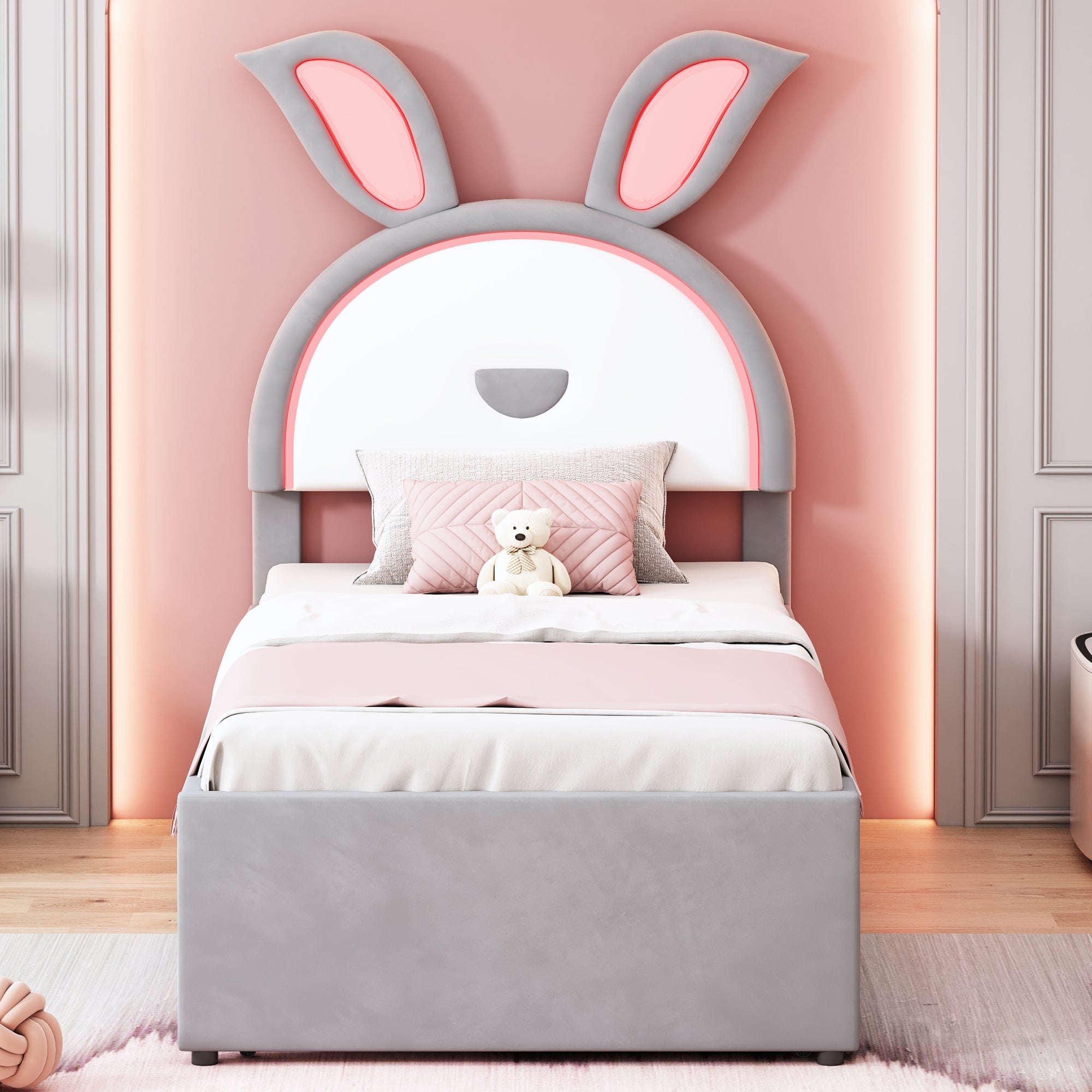 Twin Size Upholstered Platform Bed with Trundle and 3 Drawers, Rabbit-Shaped Headboard with Embedded LED Lights, Gray - Atlantic Fine Furniture Melbourne FL