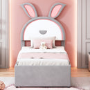 Twin Size Upholstered Platform Bed with Trundle and 3 Drawers, Rabbit-Shaped Headboard with Embedded LED Lights, Gray