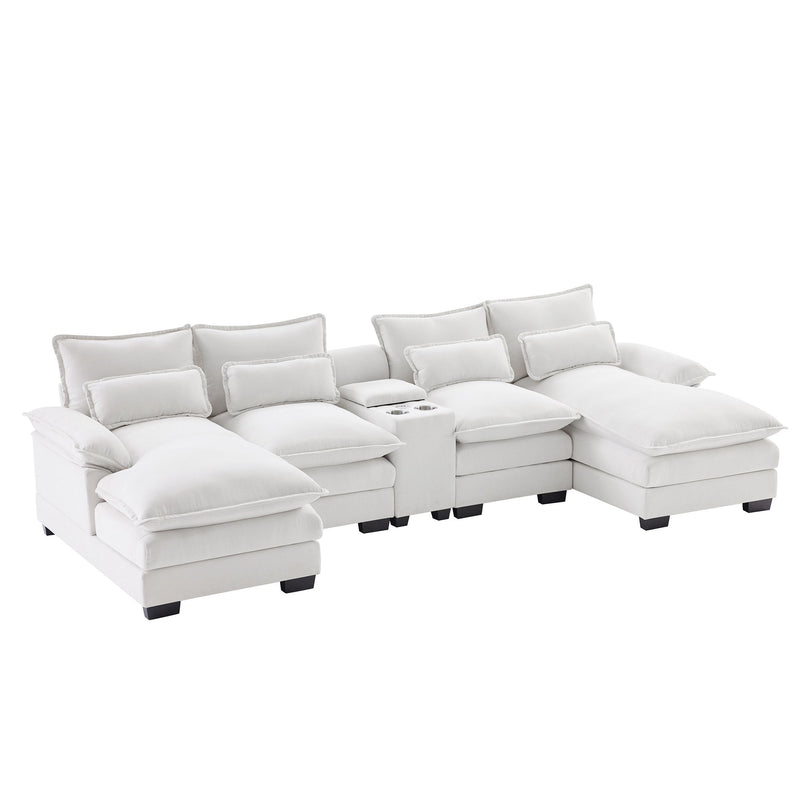 Modern U-Shaped Sofa With Console, Cupholders And USB Ports, 6 Seat Upholstered Symmetrical Indoor Furniture, Sleeper Couch Set With Chaise For Living Room