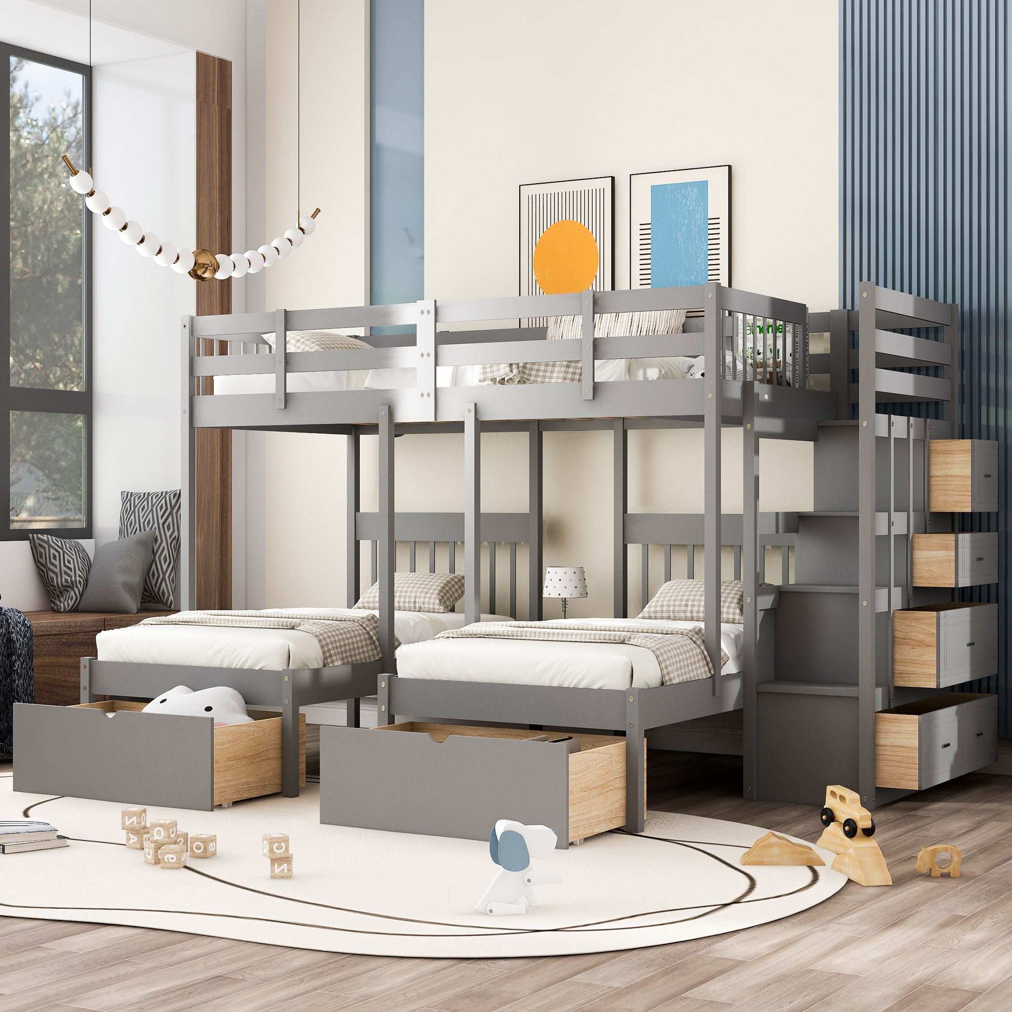 Full Over Twin & Twin Bunk Bed, Wood Triple Bunk Bed with Drawers and Guardrails (Gray) - Atlantic Fine Furniture Melbourne FL