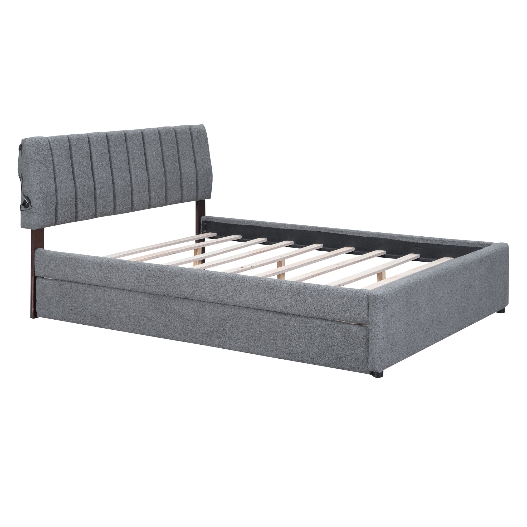 Teddy Fleece Queen Size Upholstered Platform Bed with Trundle, Gray - Atlantic Fine Furniture Melbourne FL