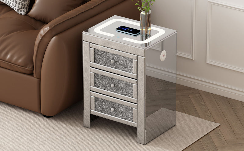 Rectangle Mirrored End Table With Wireless&Usb Charging, Modern Side Table With Led Lights, 3 Drawers With Crystal Style Handles For Living Room - Silver