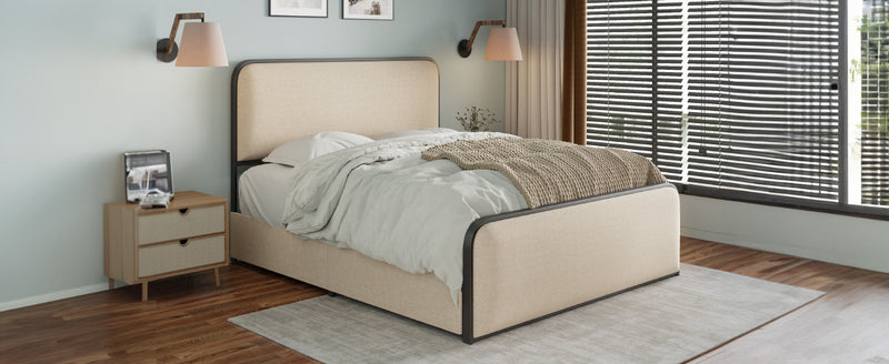 Modern Metal Bed Frame with Curved Upholstered Headboard and Footboard Bed with 4 Storage Drawers, Heavy Duty Metal Slats, Full Size, Beige