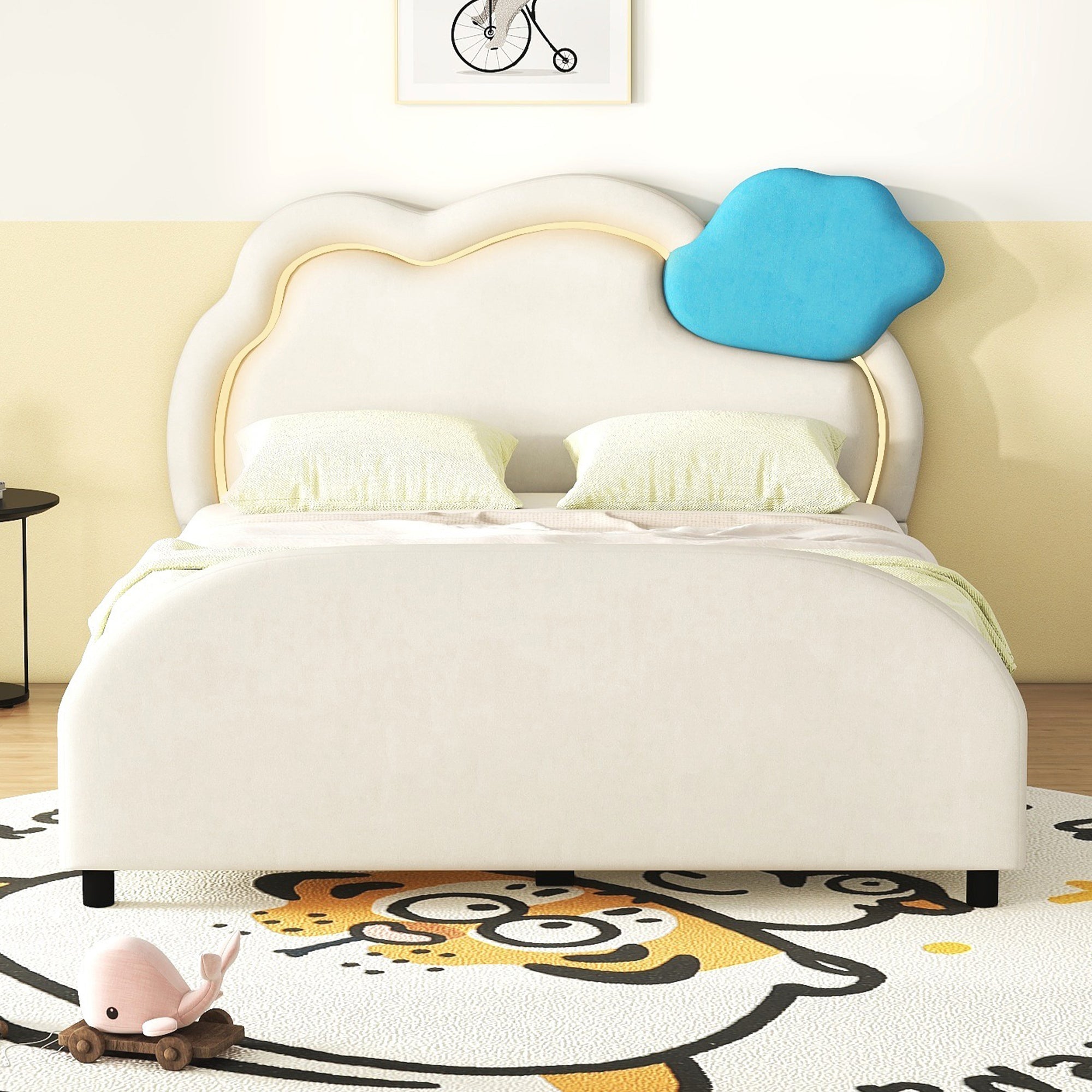 Full Size Upholstered Platform Bed with Cloud-Shaped Headboard and Embedded Light Stripe, Velvet, Beige - Atlantic Fine Furniture Melbourne FL