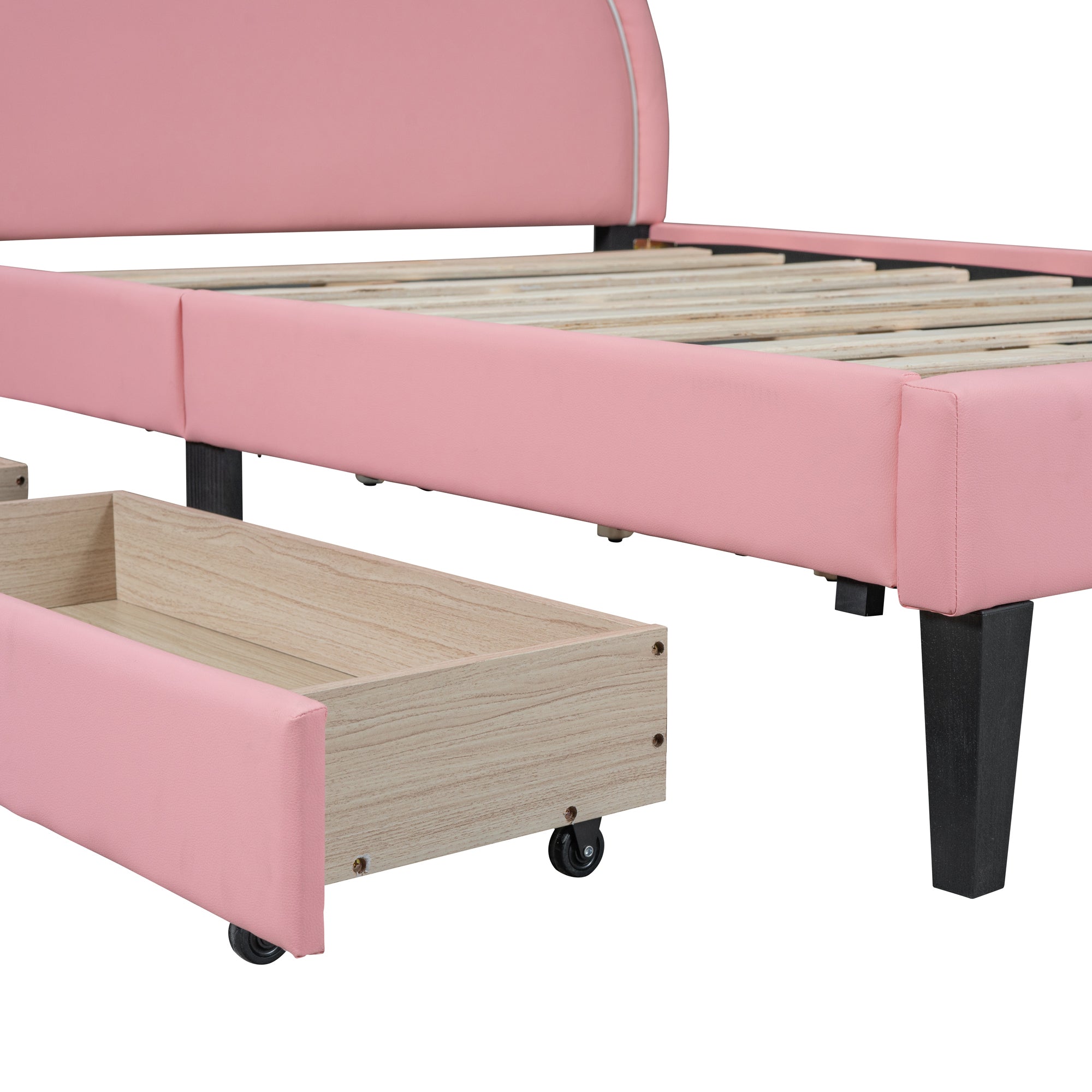 Full Size Upholstered Leather Platform Bed with Rabbit Ornament and 4 Drawers, Pink - Atlantic Fine Furniture Melbourne FL