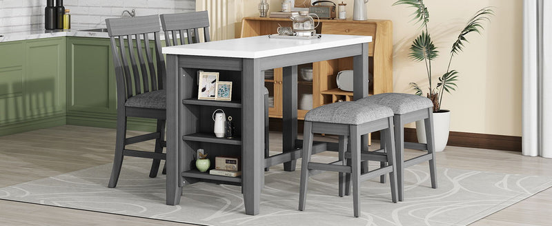 5 Piece Counter Height Dining Table Set With Built-In Storage Shelves - Gray