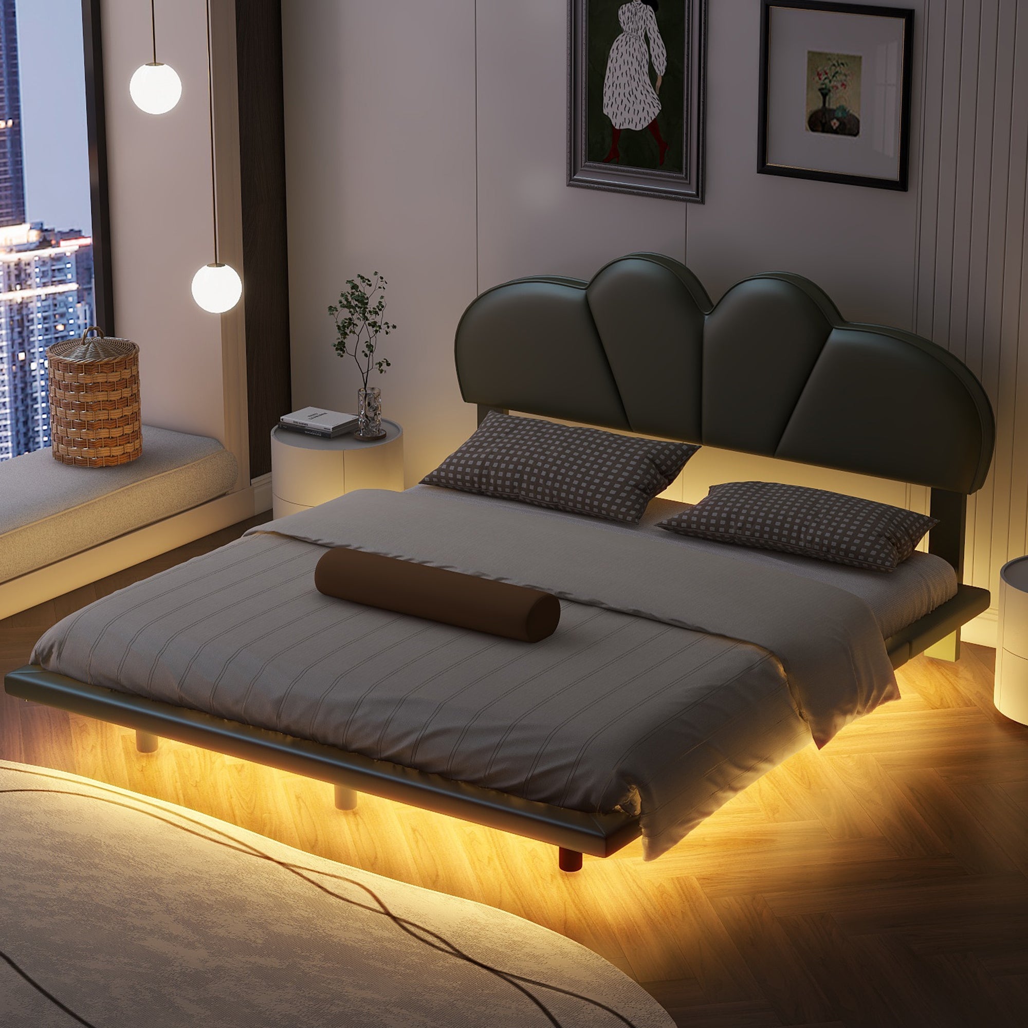 Full Size Upholstery LED Floating Bed with PU Leather Headboard and Support Legs,Green - Atlantic Fine Furniture Melbourne FL