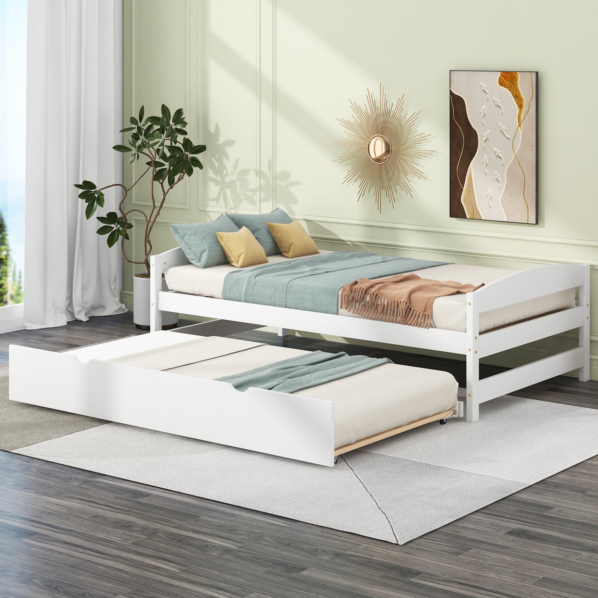 Twin Size Platform Bed with Twin Size Trundle, White - Atlantic Fine Furniture Melbourne FL
