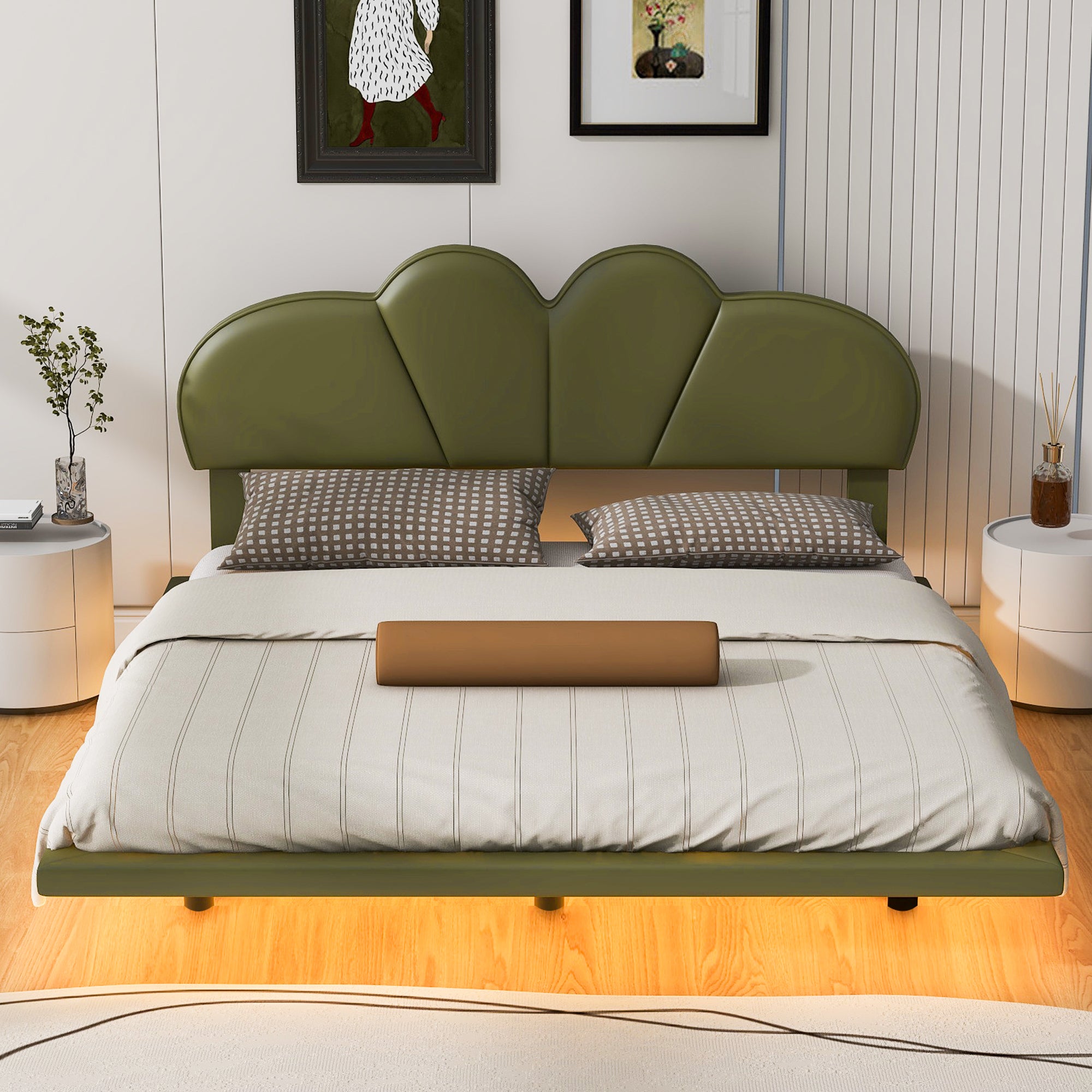 Full Size Upholstery LED Floating Bed with PU Leather Headboard and Support Legs,Green - Atlantic Fine Furniture Melbourne FL
