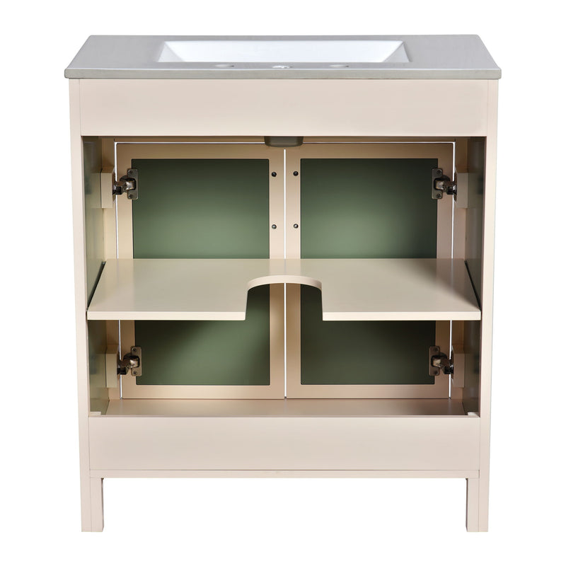 Bathroom Vanity Cabinet With Ceramic Sink Combo Set, Frame Modern Bathroom Storage Cabinet With Height Adjustable Shelf - Beige / Green