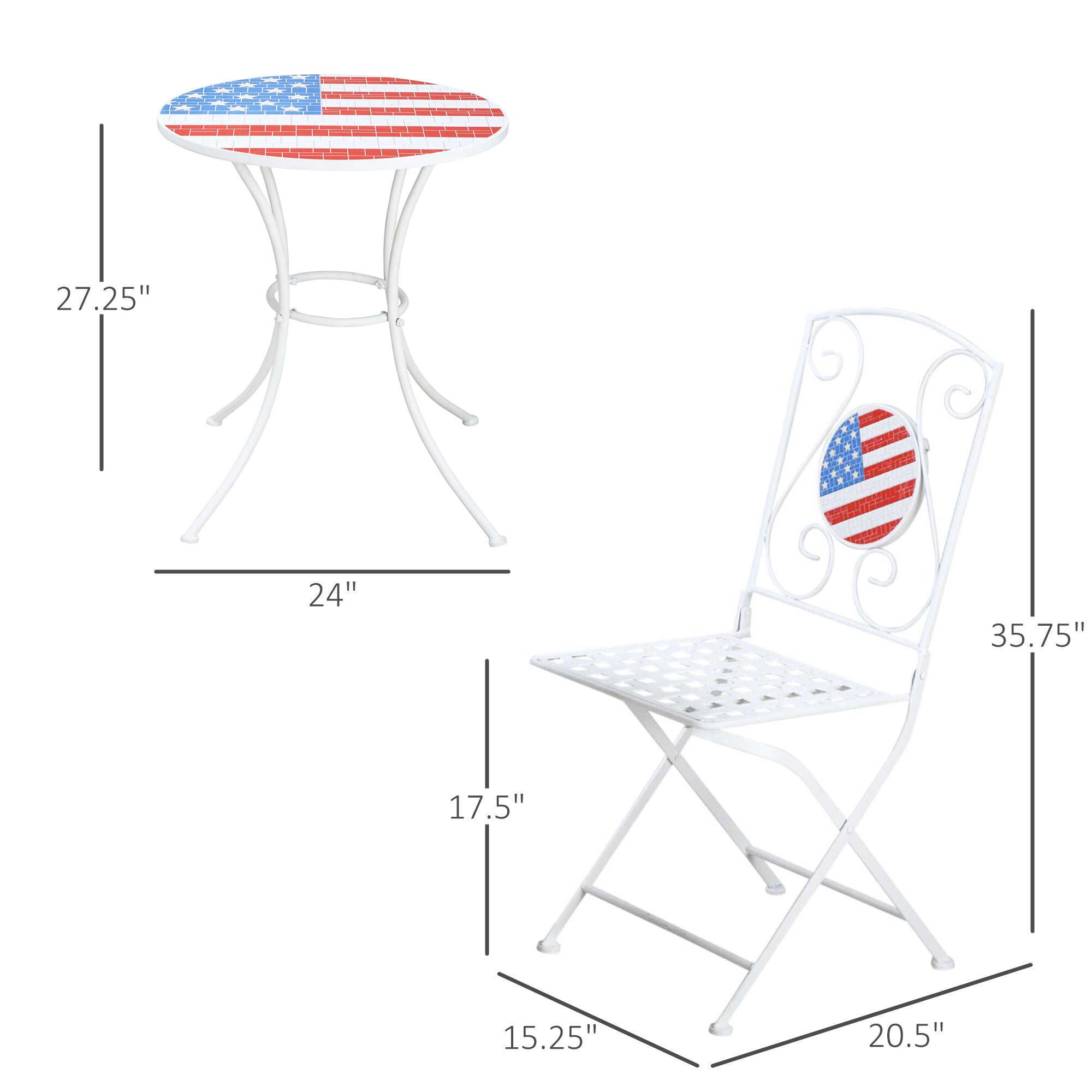 3 Piece Patio Bistro Set, Folding Outdoor Furniture with USA Mosaic Table and Chairs, 
Portable Metal Frames for 4th of July, Balcony, Backyard, Poolside, Porch, American Flag