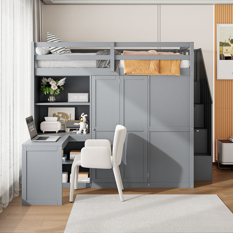 Loft Bed With Wardrobe, Desk And Shelves