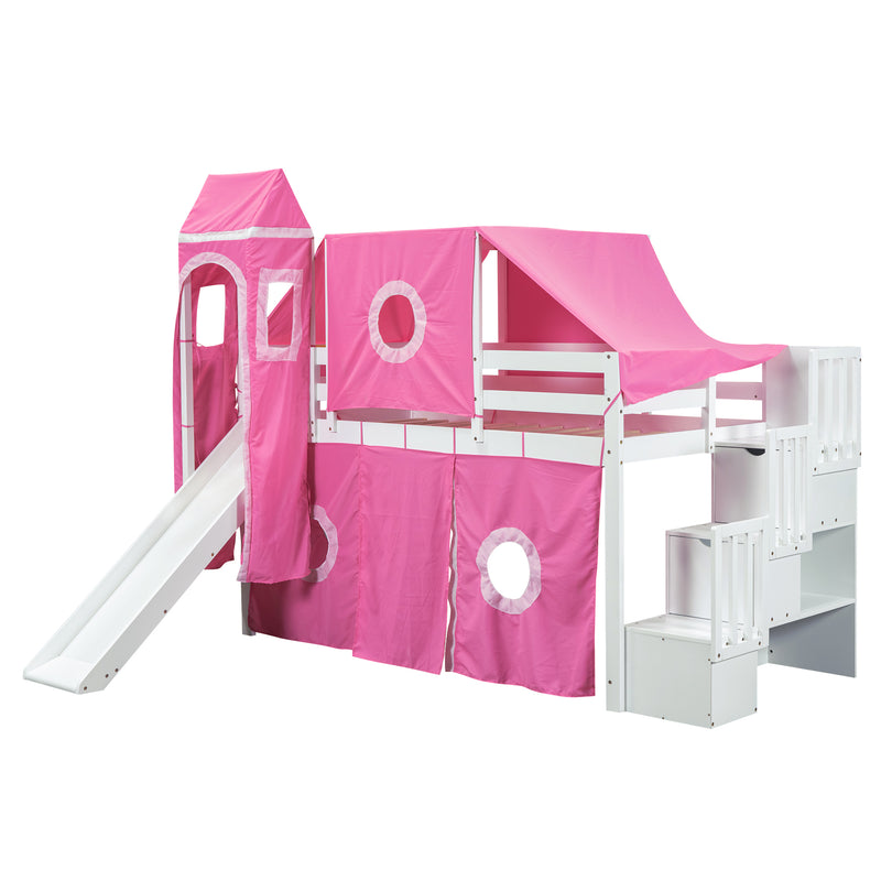 Twin Size Loft Bed with Tent and Tower - Pink