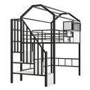 Metal Loft Bed with roof design and a storage box, Twin, Black