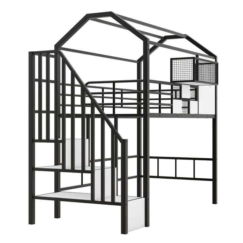 Metal Loft Bed with roof design and a storage box, Twin, Black