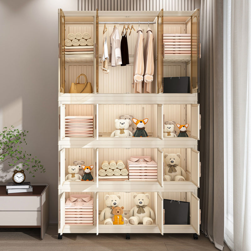 Portable Wardrobe Closet Storage Organizer With Magnetic Doors, Polypropylene - Cream White