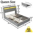 Queen Size Bed Frame With LED Lighting, Winged Headboard With Storage Drawers - Light Gray