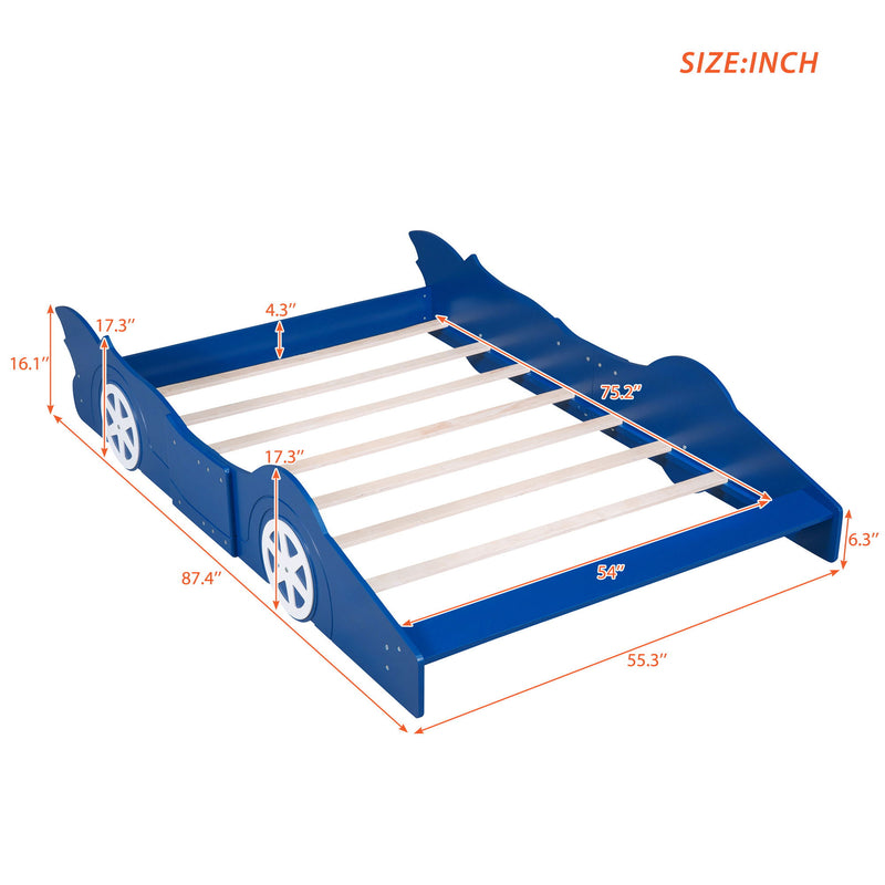 Full Size Race Car-Shaped Platform Bed With Wheels - Blue