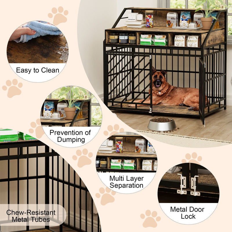 Wooden Dog Crate Furniture With Divider And Storage Drawers For Large Dogs - Rustic Brown