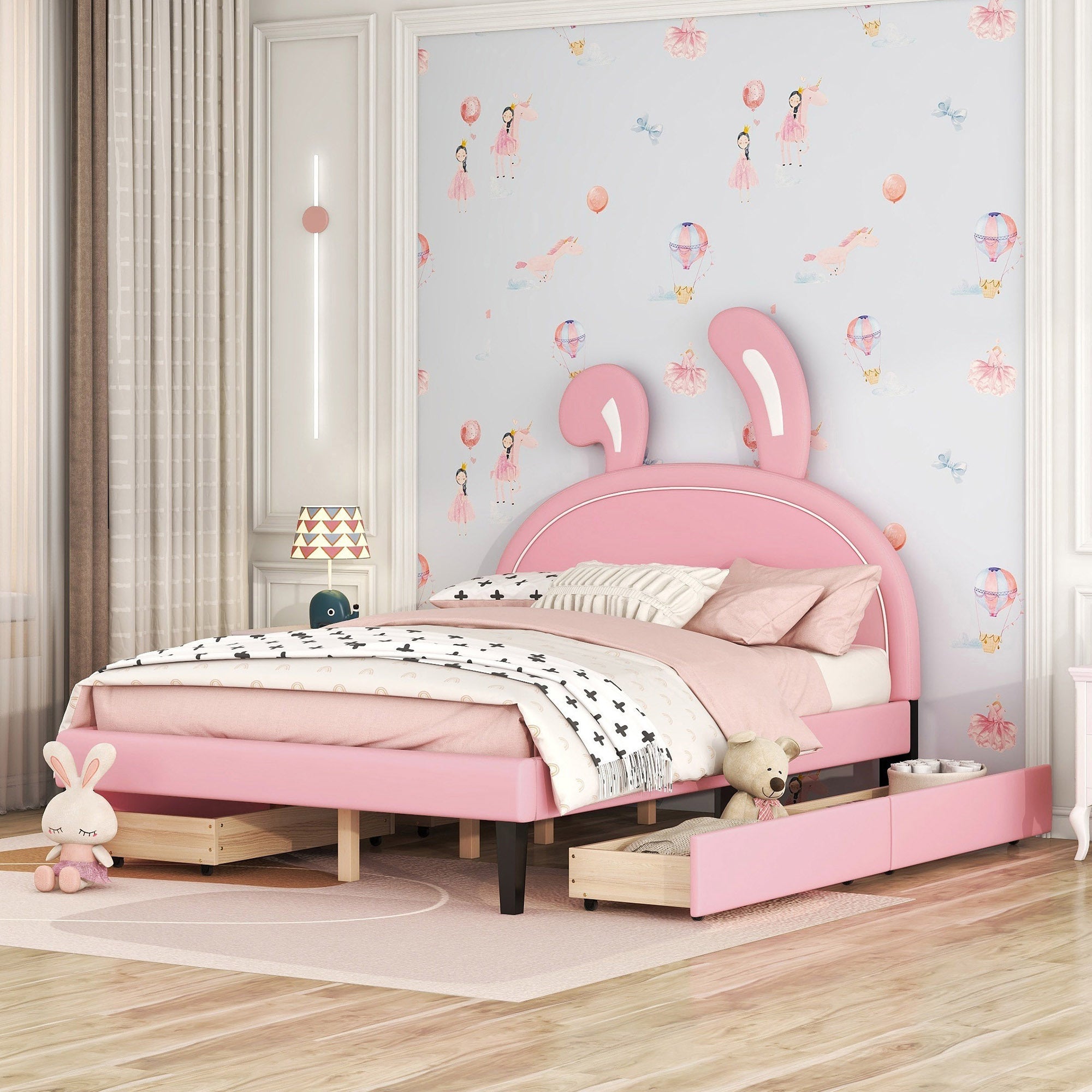Full Size Upholstered Leather Platform Bed with Rabbit Ornament and 4 Drawers, Pink - Atlantic Fine Furniture Melbourne FL
