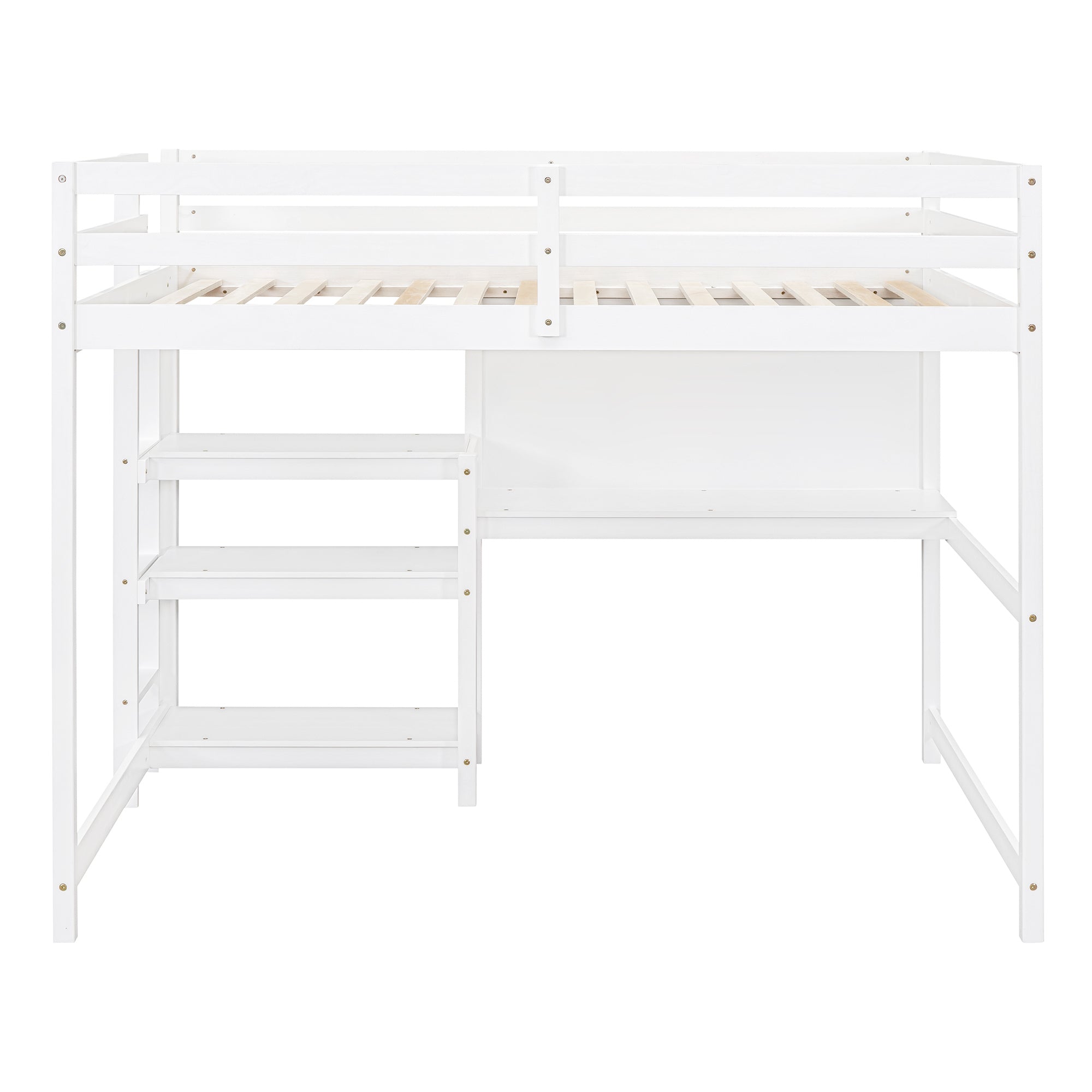 Full Size Wooden Loft Bed with Shelves, Desk and Writing Board - White