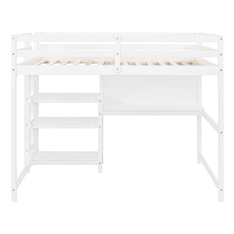 Full Size Wooden Loft Bed with Shelves, Desk and Writing Board - White