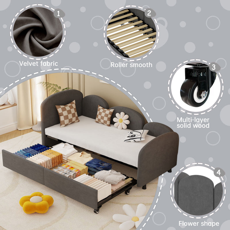 Modern Velvet Upholstered Daybed With Additional Bed Frame
