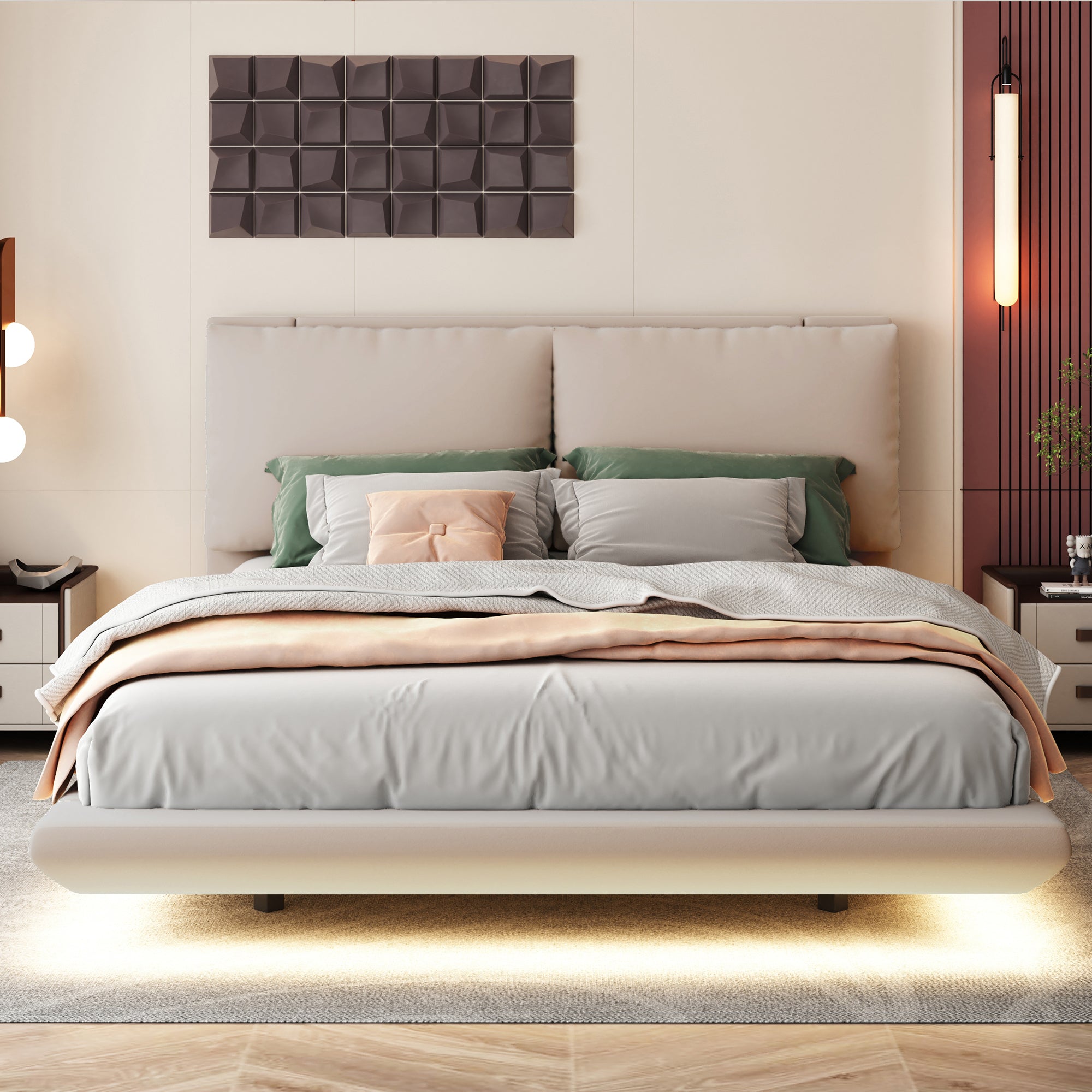Queen Size Upholstered Platform Bed with Sensor Light and 2 Large Backrests, Stylish Platform Bed with 2 sets of USB Port and Socket on each rear Bed Leg, Beige - Atlantic Fine Furniture Melbourne FL