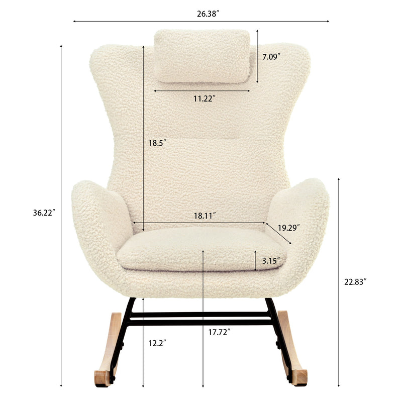 Rocking Chair Nursery, Teddy Upholstered Rocker Glider Chair With High Backrest, Adjustable Headrest & Pocket, Comfy Glider Chair For Nursery, Bedroom, Living Room, Offices, Rubber Wood