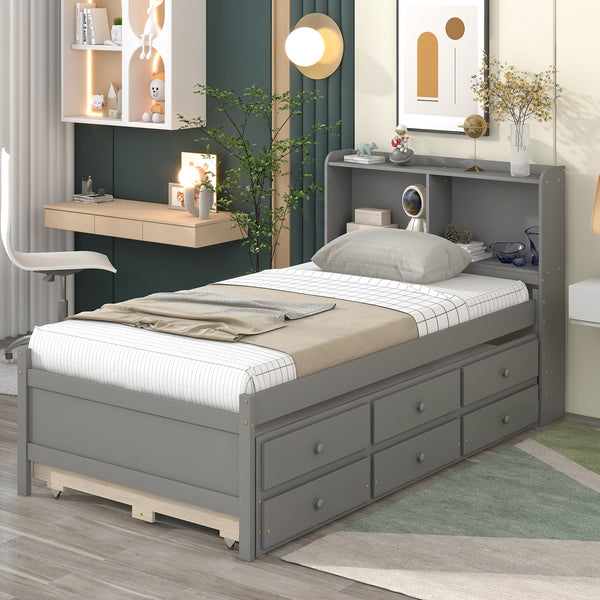 Twin Bed with Twin Trundle,Drawers,Grey