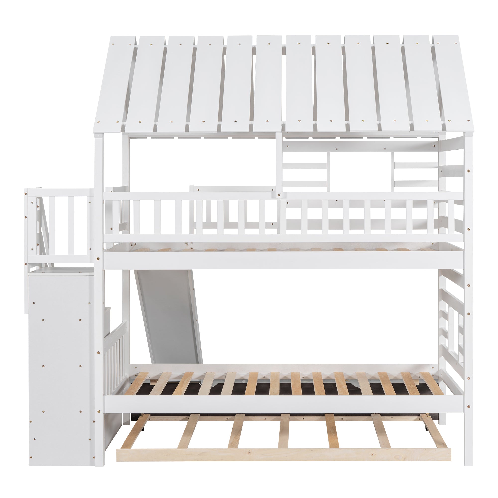 Twin over Twin House Bunk Bed with Trundle and Slide, Storage Staircase, Roof and Window Design, White(Old SKU: GX000931AAK) - Atlantic Fine Furniture Melbourne FL