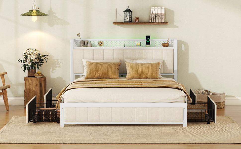 Queen Bed Frame with LED Headboard, Upholstered Bed with 4 Storage Drawers and USB Ports, Beige - Atlantic Fine Furniture Melbourne FL