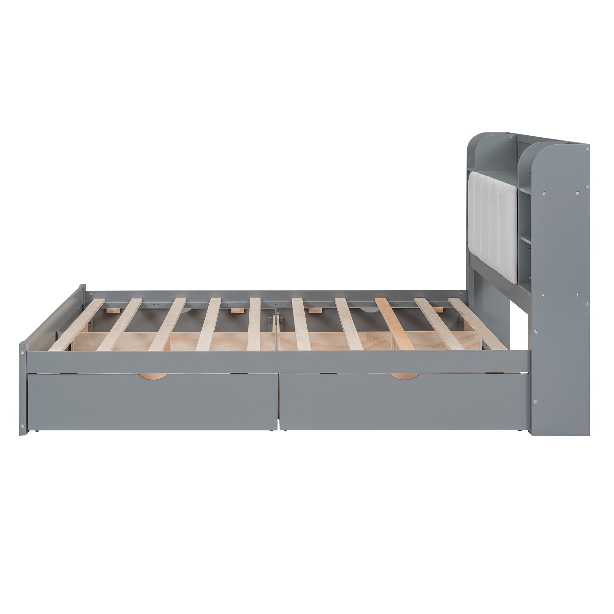 Wood Queen Size Platform Bed with Storage Headboard, Shelves and 4 Drawers, Gray - Atlantic Fine Furniture Melbourne FL