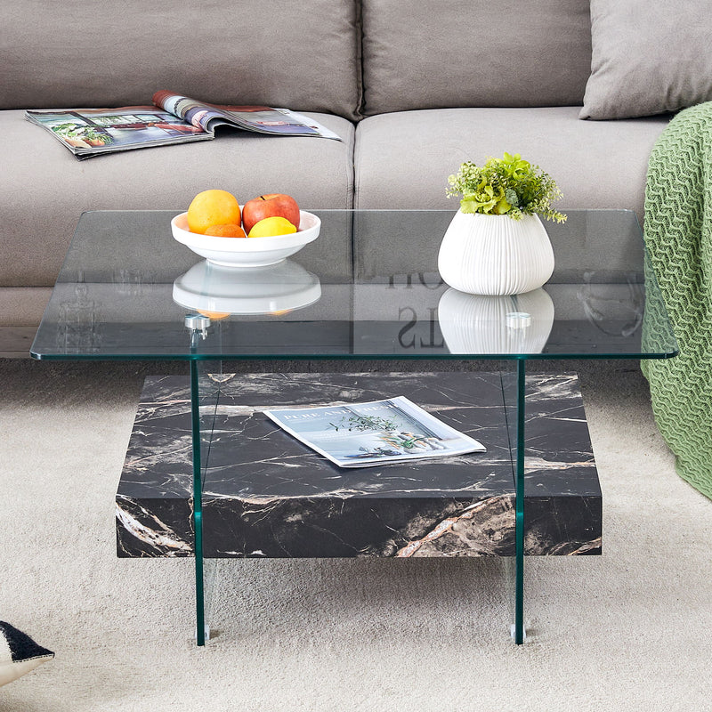 Modern 2 Tier Square Coffee Table, Elegant Marble Pattern