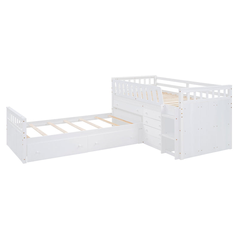 Loft Platform Bed With 7 Drawers And Full Guardrails, Modern L Shaped Space Savin