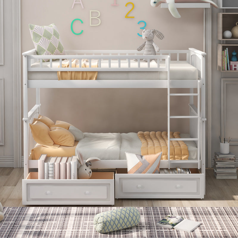 Twin over Twin Bunk Bed with Drawers, Convertible Beds, White(Old SKU: SM000240AAK-1)