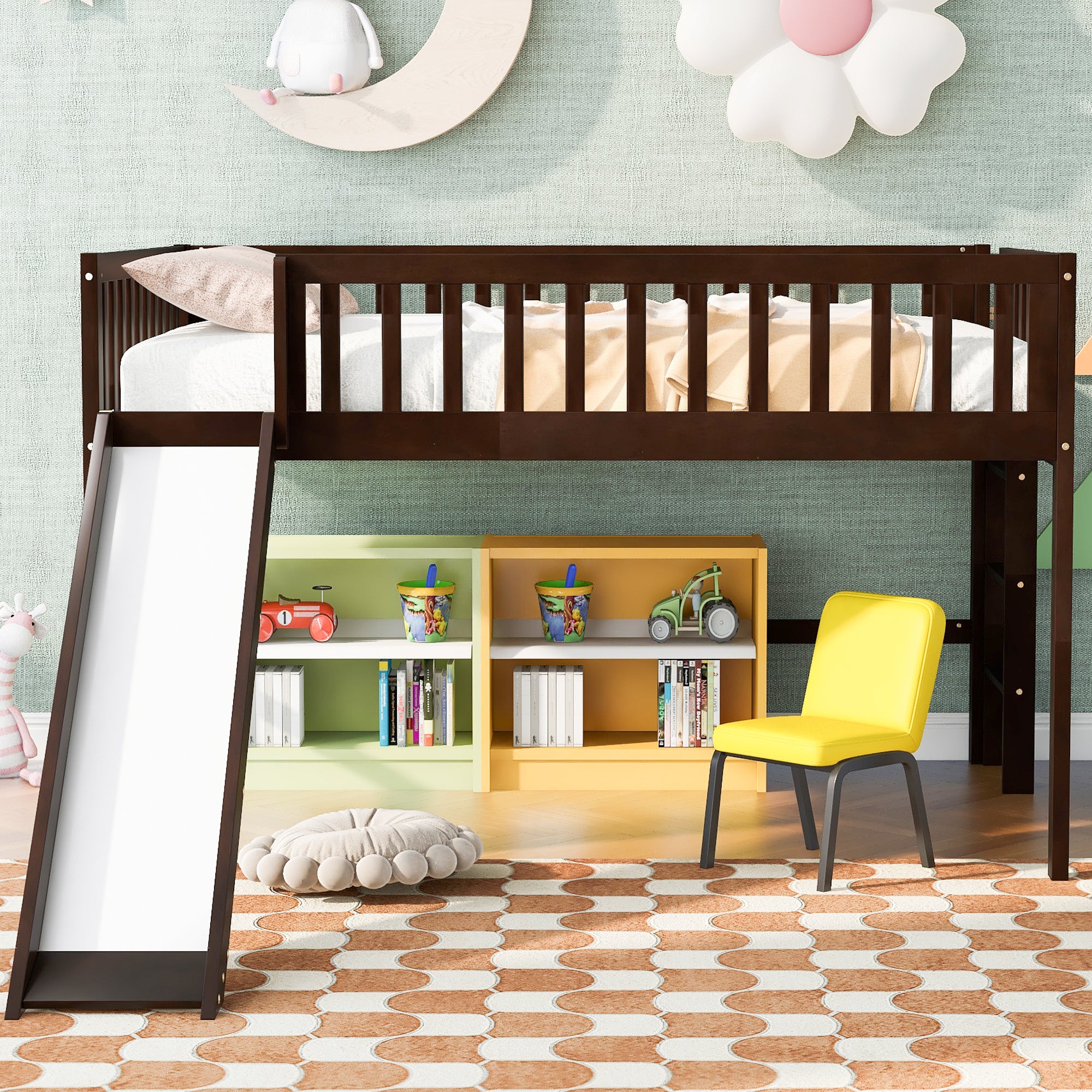 Full Size Low Loft Bed with Ladder and Slide,Espresso - Atlantic Fine Furniture Melbourne FL