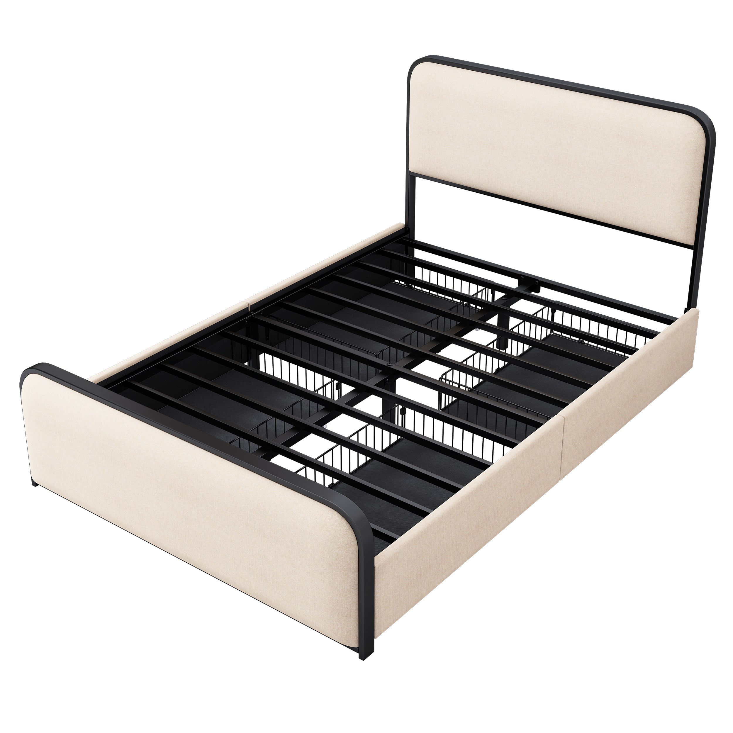 Modern Metal Bed Frame with Curved Upholstered Headboard and Footboard Bed with 4 Storage Drawers, Heavy Duty Metal Slats, Full Size, Beige