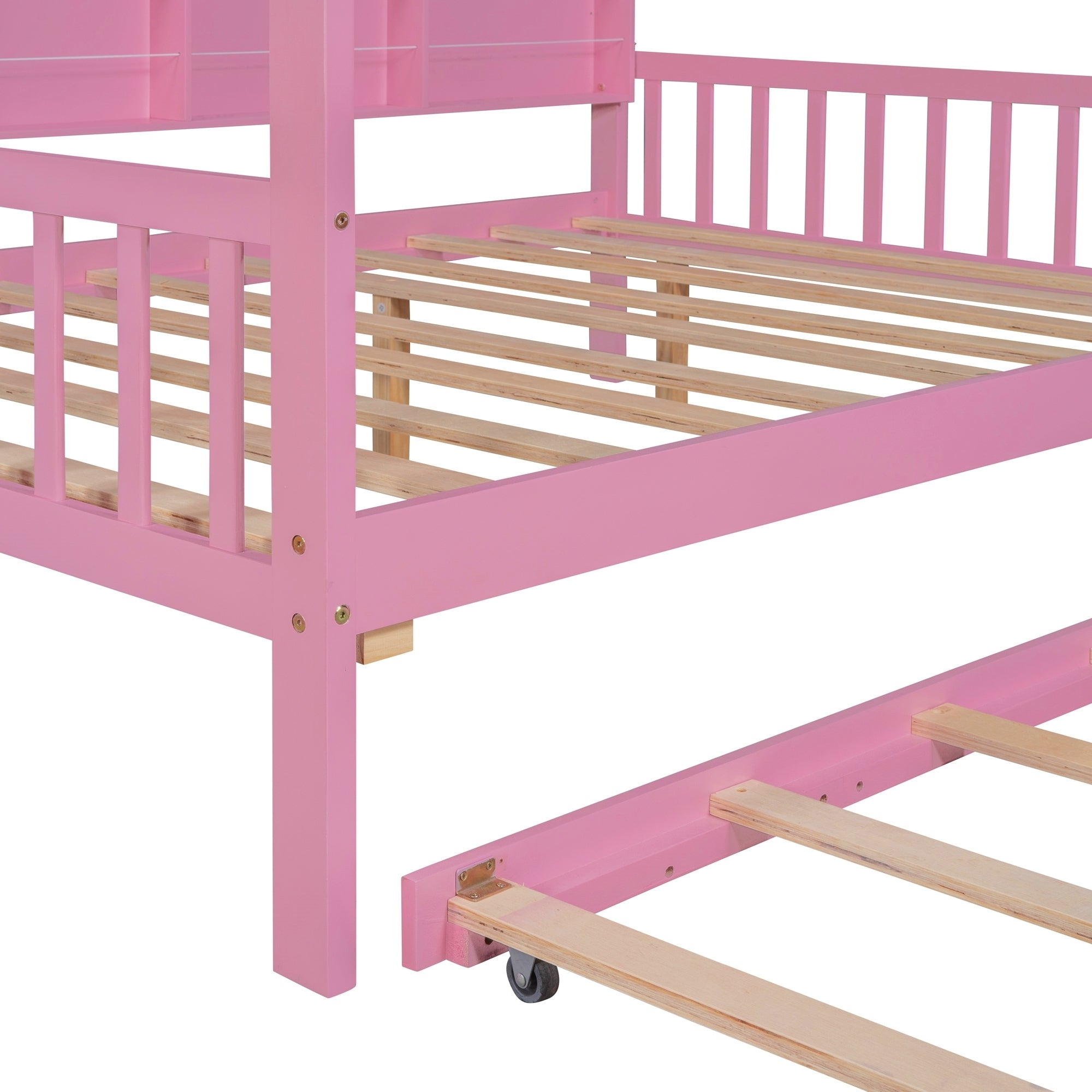 Wooden Full Size House Bed with Trundle,Kids Bed with Shelf,Pink - Atlantic Fine Furniture Melbourne FL