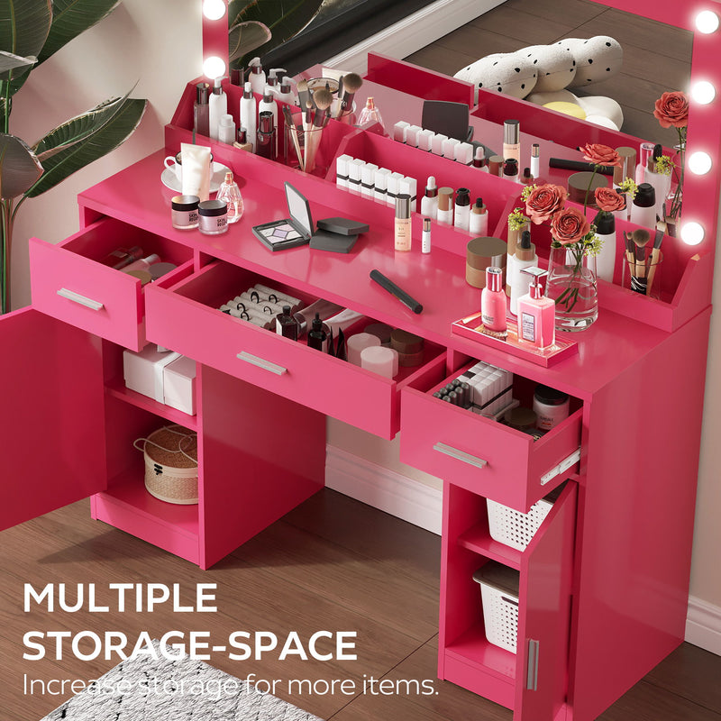 Vanity Desk With Large Mirror, 3 Colour Lighting Modes, Adjustable Brightness, Dresser With 3 Drawers & 2 Vertical Cabinets, Makeup Vanity Table For Women & Girls