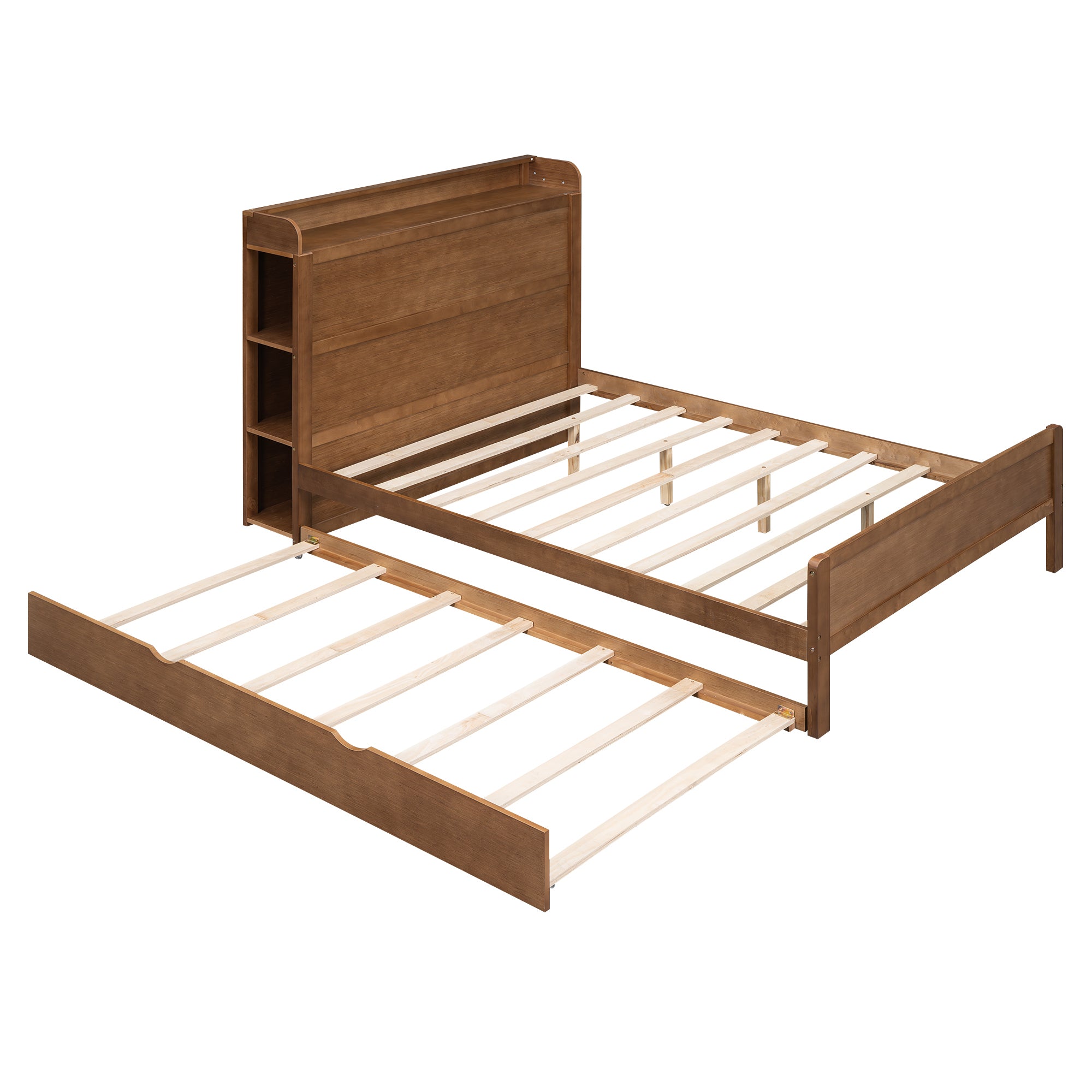 Full Size Platform Bed with Storage Headboard and Twin Size Trundle, Walnut - Atlantic Fine Furniture Melbourne FL
