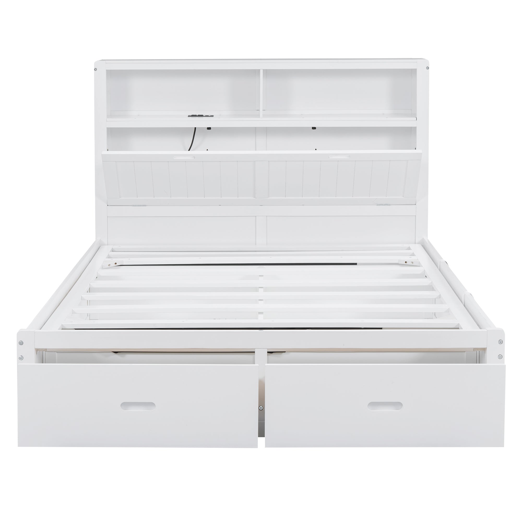 Wood Queen Size Hydraulic Platform Bed with Storage LED Headboard, Charging Station and 2 Drawers, White - Atlantic Fine Furniture Melbourne FL