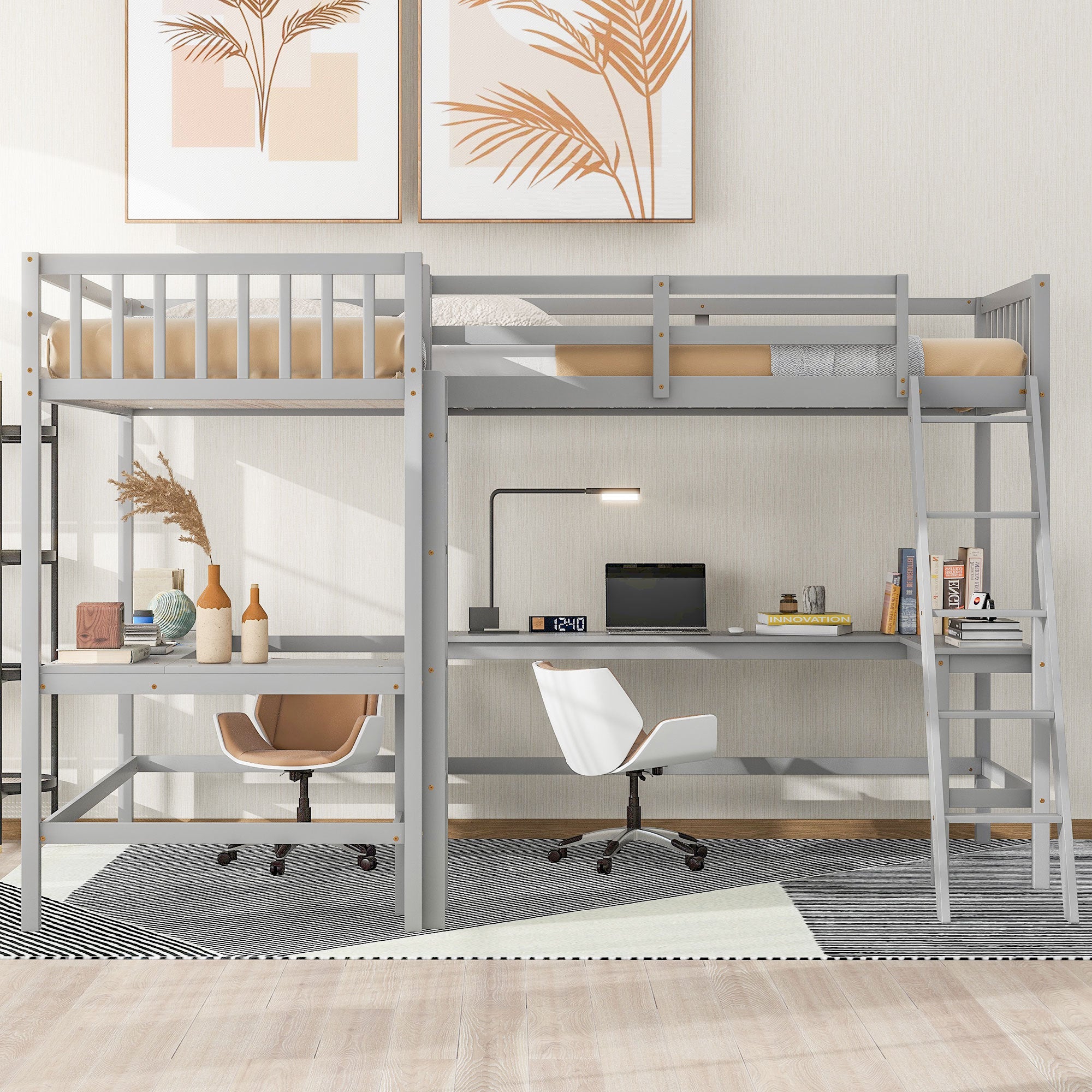 Wood Twin Size L-Shaped Loft Bed with Ladder and 2 Built-in L-Shaped Desks, Gray - Atlantic Fine Furniture Melbourne FL