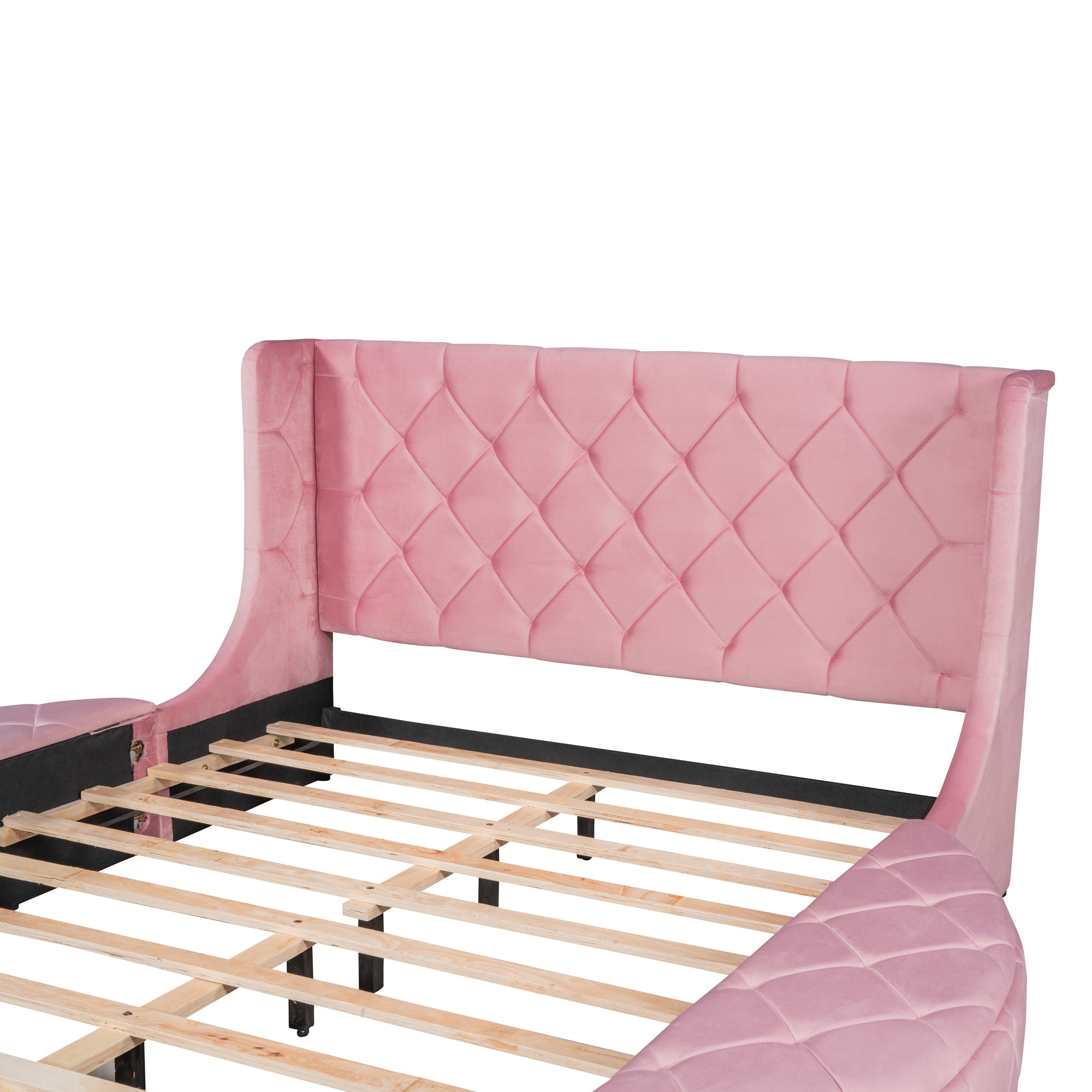 Upholstered Platform Bed Queen Size Storage Velvet Bed with Wingback Headboard and 1 Big Drawer,2 Side Storage Stool(Pink) - Atlantic Fine Furniture Melbourne FL