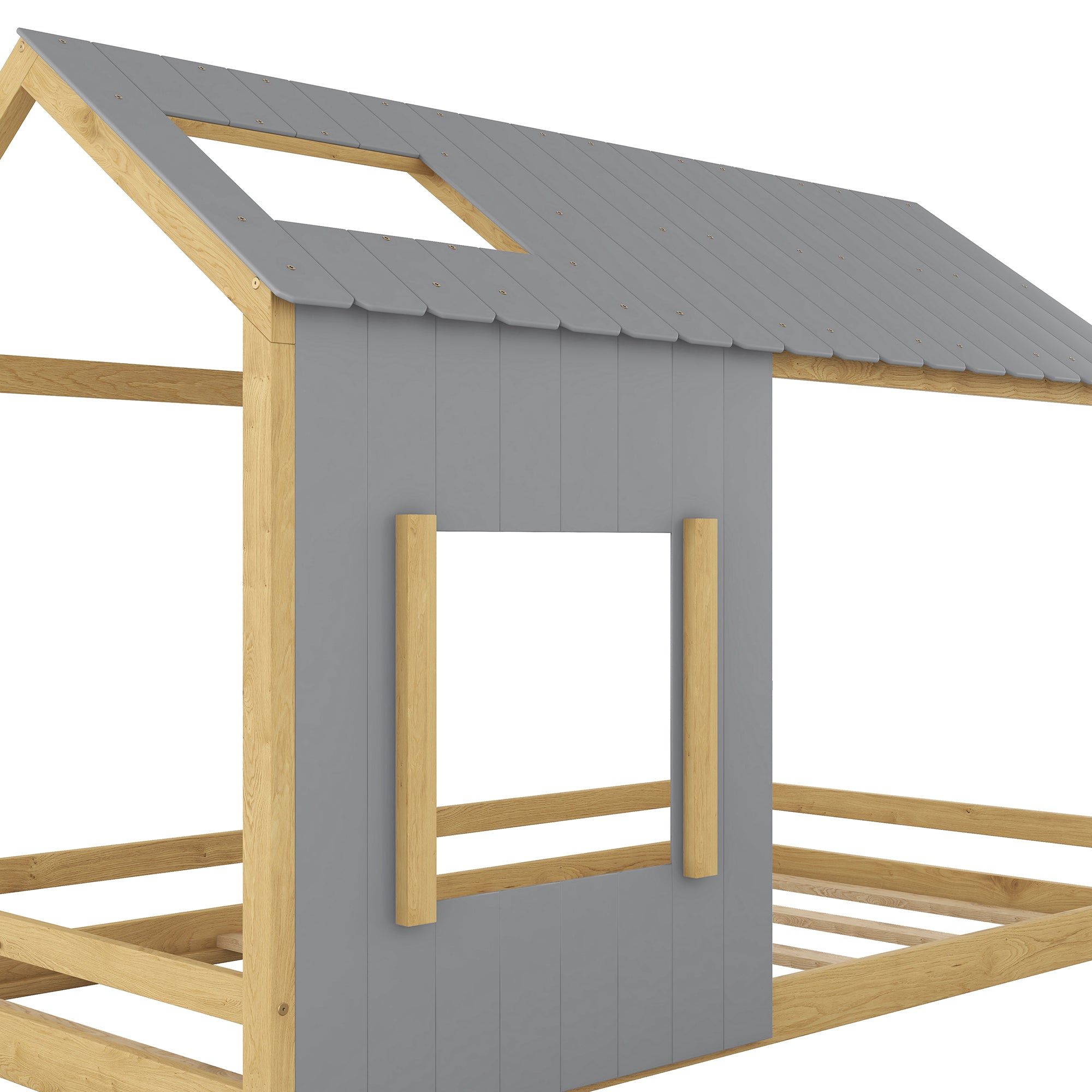Twin Size House Bed with Roof and Window - Gray+Natural - Atlantic Fine Furniture Melbourne FL