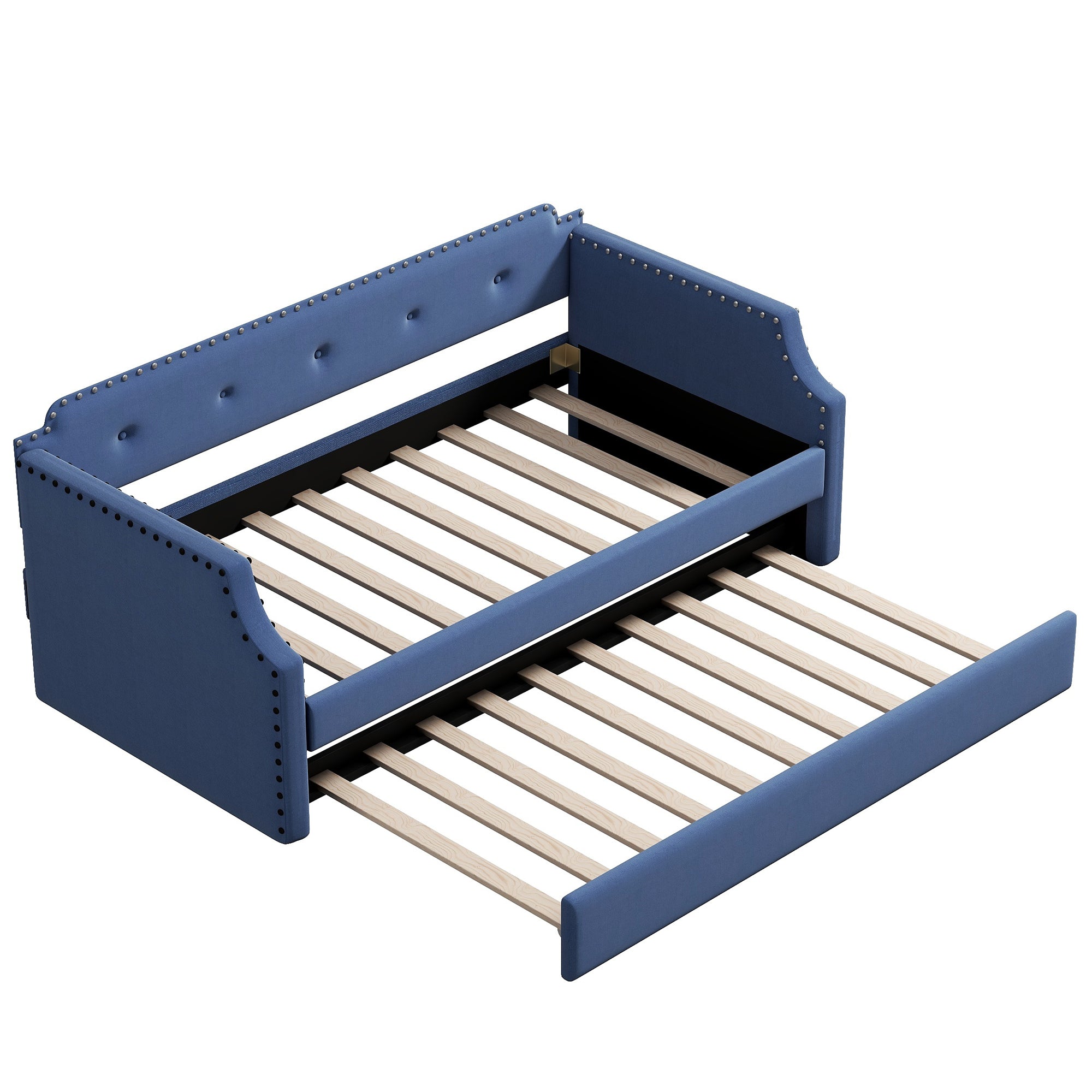 Upholstered Daybed with Trundle, Wood Slat Support,Upholstered Frame Sofa Bed , Twin,Blue - Atlantic Fine Furniture Melbourne FL