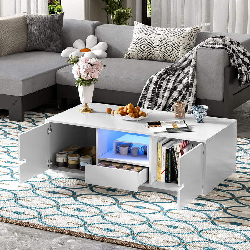 Modern High Glossy Rectangle Coffee Table With 16 Color LED Lights For Living Room