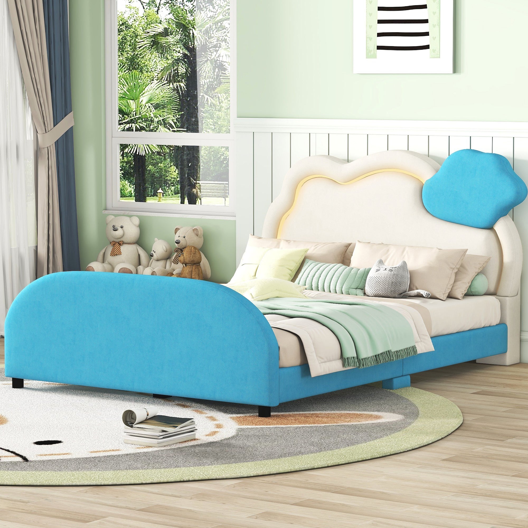 Full Size Upholstered Platform Bed with Cloud-Shaped Headboard and Embedded Light Stripe, Velvet, Blue - Atlantic Fine Furniture Melbourne FL