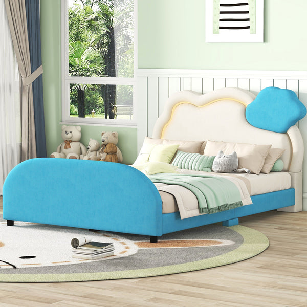 Full Size Upholstered Platform Bed with Cloud-Shaped Headboard and Embedded Light Stripe, Velvet, Blue